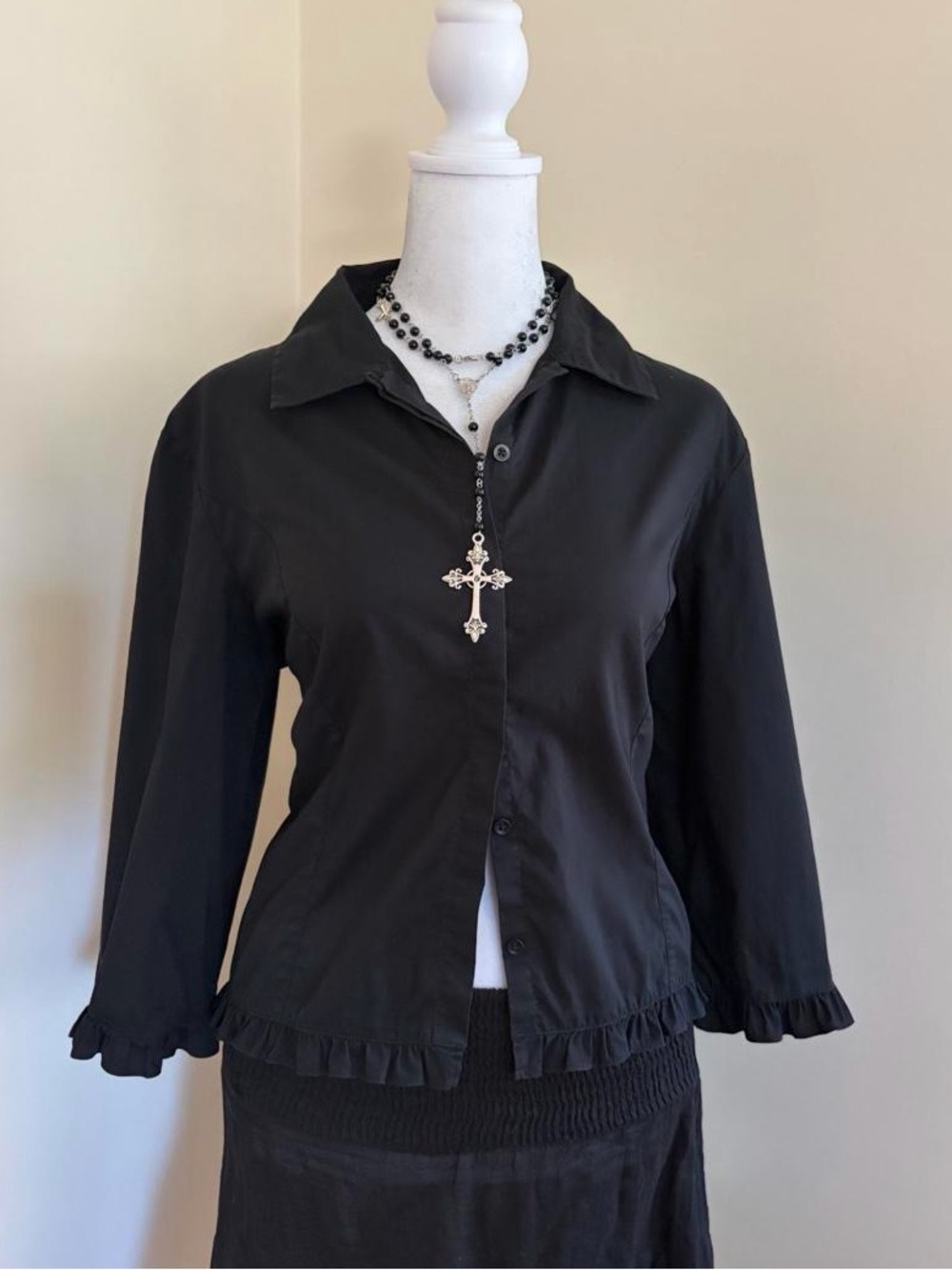 Vintage 90s Y2K goth lolita black ruffle button blouse babydoll grunge witch S